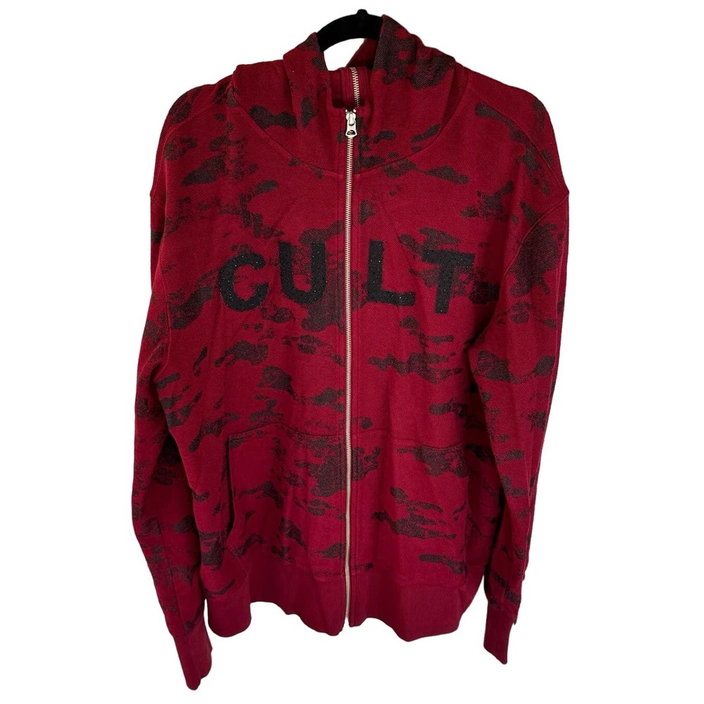 CULT OF INDIVIDUALITY Printed Split Zip Hoodie Rhinestone Spellout Red XXXL